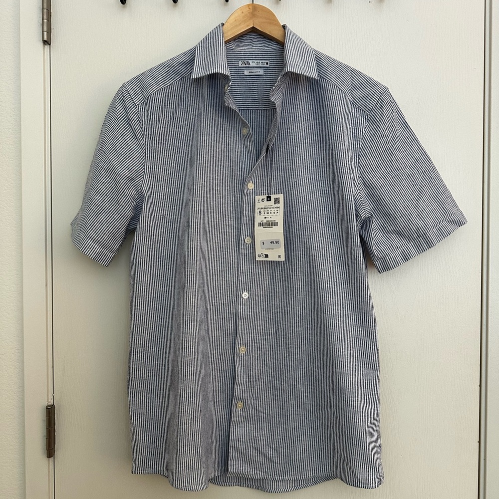 Zara men’s short sleeve blue striped button-up shirt size S NWT